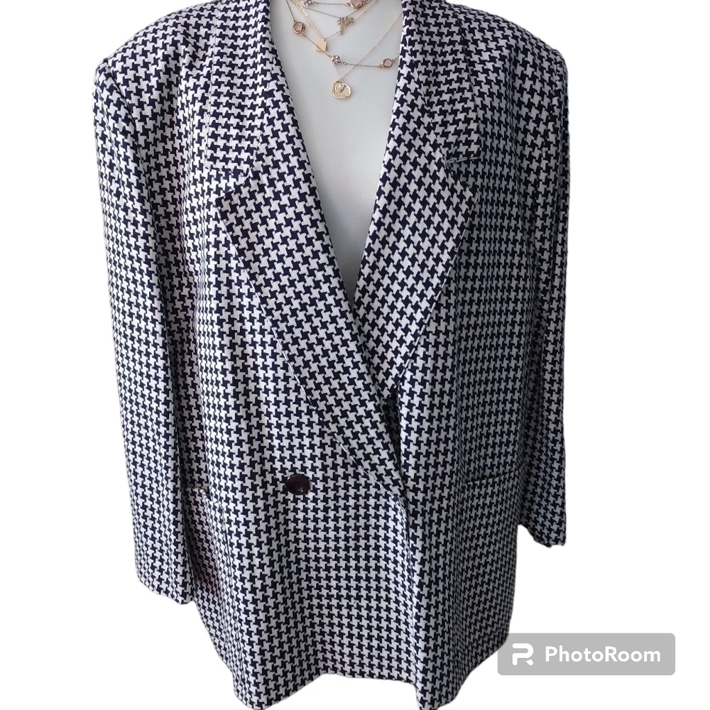 Giorgio Saint Angelo Vintage Houndstooth Linen Dark Navy Blazer Jacket 22
